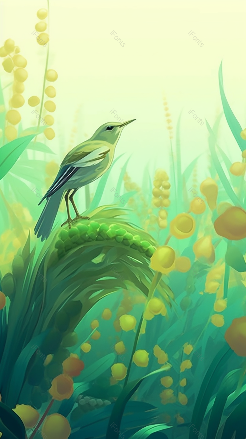 动物壁纸唯美绿色背景卡通鸟雀插画手绘植物风景图,插画/手绘图,插画/手绘图库,插画/手绘图下载,插画/手绘